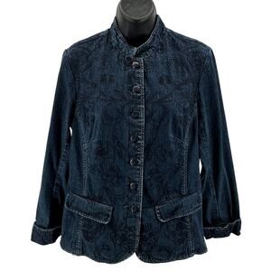 Coldwater Creek Jean Jacket WMNS 12 Dark Wash Denim Button Up Embroidered Pocket